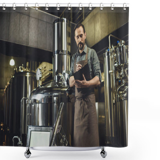 Personality  Worker Inspecting Equipment At Brewery Shower Curtains