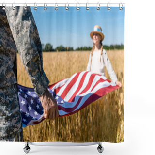 Personality  Cropped View Of Man In Military Uniform Holding American Flag With Daughter In Field  Shower Curtains