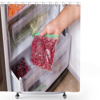 Personality  Man Taking Plastic Bag With Red Currant From Refrigerator, Closeup Shower Curtains