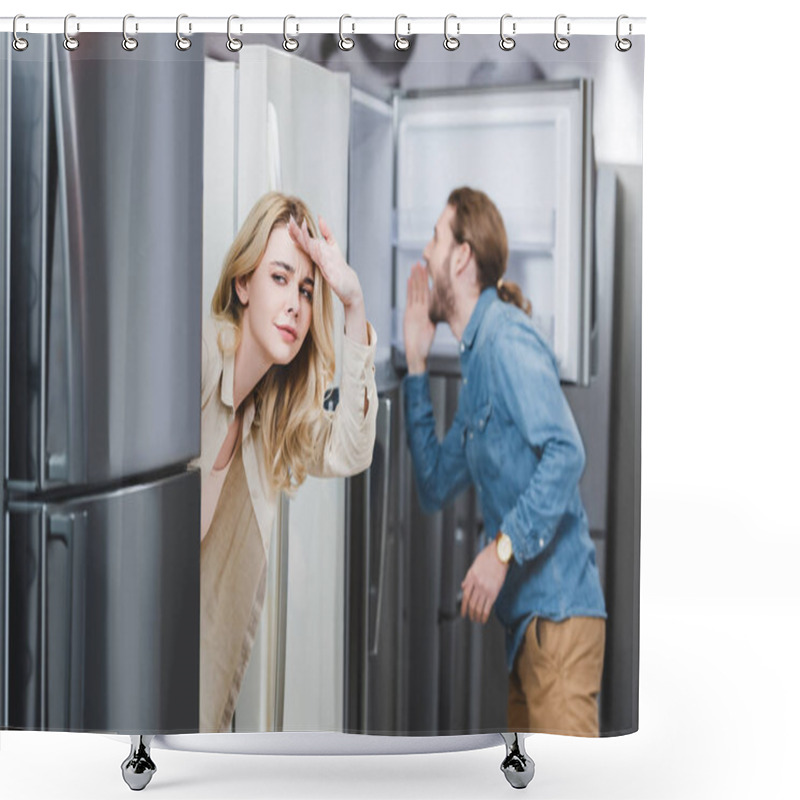 Personality  Selective Focus Of Curious Girlfriend And Boyfriend Looking At Fridge On Background In Home Appliance Store  Shower Curtains