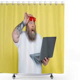 Personality  Surprised Plus Size Man Holding Red Sunglasses While Looking At Laptop Isolated On Yellow Shower Curtains