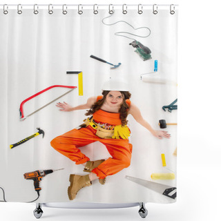 Personality  Overhead View Of Girl In Overalls Sitting On Floor With Different Equipment And Tools, Isolated On White Shower Curtains