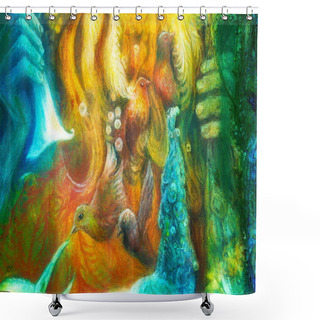 Personality  Golden Sun God, Blue Water Goddess, Fairy Child And A Phoenix Bird, Fantasy Imagination Detailed Colorful Painting Shower Curtains