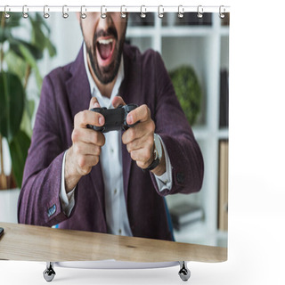 Personality  Cropped Shot Of Shouting Young Businessman Playing Games With Gamepad Shower Curtains