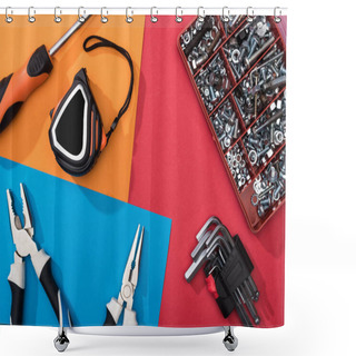 Personality  Top View Of Tool Set With Pliers And Measuring Tape On Colorful Background Shower Curtains