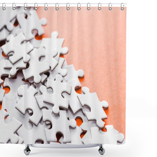 Personality  Selective Focus Of Unfinished White Jigsaw Puzzle Pieces On Orange Shower Curtains