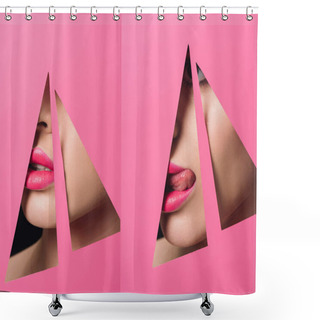 Personality  Collage Of Woman With Pink Lips Sticking Out Tongue Across Triangular Holes In Paper Shower Curtains