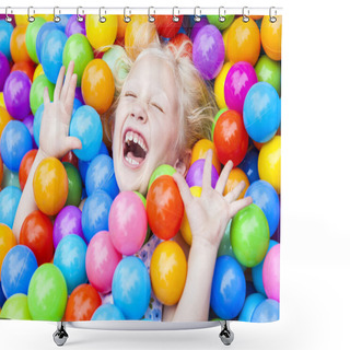 Personality  Blond Girl Child Having Fun Playing In Colored Balls Shower Curtains