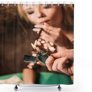Personality  Selective Focus Of Man Lighting Cigarette To Attractive Girl At Poker Table In Casino Shower Curtains