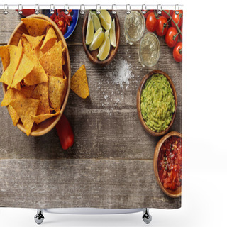 Personality  Top View Of Mexican Nachos Served With Guacamole And Salsa On Weathered Wooden Table Shower Curtains
