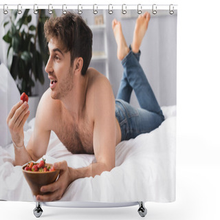 Personality  Selective Focus Of Shirtless And Barefoot Man Lying On Bed And Holding Bowl With Ripe Strawberries  Shower Curtains
