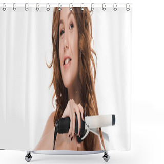 Personality  Panoramic Shot Of Happy Girl Curling Hair Isolated On White  Shower Curtains