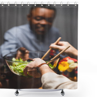 Personality  Cropped View Of Woman Giving Bowl With Salad To African American Friend During Dinner  Shower Curtains