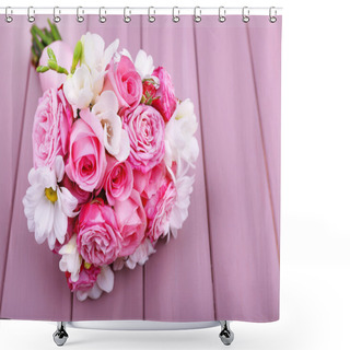 Personality  Beautiful Wedding Bouquet On Wooden Background Shower Curtains