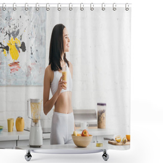 Personality  Attractive Fit Sportswoman Smiling And Holding Glass Of Smoothie Near Measuring Tape On Kitchen Table Shower Curtains