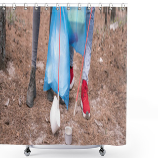 Personality  Partial View Of Couple With Trash Bags Picking Up Rubbish With Grabber Tools In Woods, Banner Shower Curtains