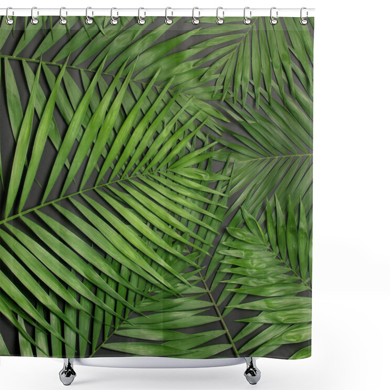 Personality  Creative Minimal Background With Tropical Leaves. Tropical Palm Leaves On Gray Black Background. Flat Lay, Top View, Copy Space. Summer Background, Nature. Leaf Pattern. Square Format Shower Curtains