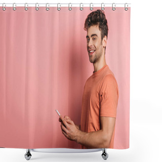 Personality  Cheerful Young Man Smiling At Camera While Chatting On Smartphone On Pink Background Shower Curtains