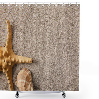 Personality  Top View Of Arranged Sea Star And Seashell On Sand Shower Curtains