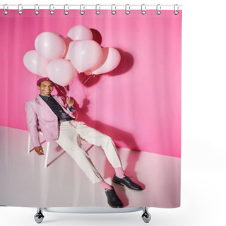 Personality  Joyful Young Man In Pink Blazer Posing On White Chair With Balloons In Hand, Acting Like Male Doll Shower Curtains