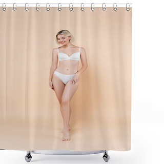 Personality  Full Length View Of Smiling Woman In White Underwear Posing On Beige Shower Curtains