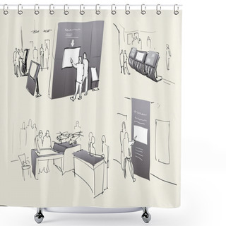 Personality  Exhibition, Exhibition Hall Inside. Vector Shower Curtains
