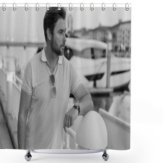 Personality  Man Model In Fashion In Stylish Polo Walking On The City. Guy Walks On The Street. Urban Fashion Man In City Walking Street. Portrait Of Stylish Handsome Man Outdoors. Portrait Of Attractive Man Shower Curtains