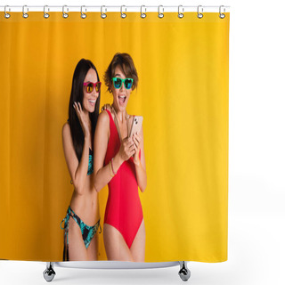 Personality  Photo Of Excited Amazed Girl Using Cell Phone Gadget Impressed Travel Agency Sales Isolated Vivid Color Background. Shower Curtains