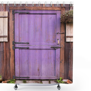 Personality  A Purple, Old Dutch Barn Style Garden Shed Door With Vintage Iron Hardware Is On A Small Wooden Building.  Shower Curtains