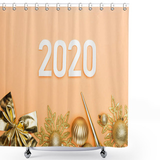 Personality  Top View Of White 2020 Numbers And Golden Christmas Decoration On Orange Background Shower Curtains