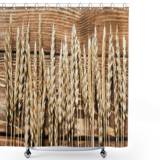 Personality  Top View Of Wheat Ears On Wooden Background, Panoramic Shot Shower Curtains
