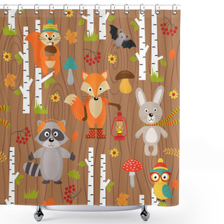Personality  Seamless Pattern With Animals Of Forest On Brown Background Shower Curtains