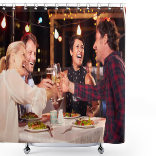 Personality  Friends Eating Dinner At Rooftop Restaurant Shower Curtains