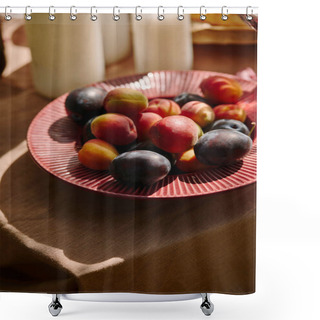 Personality  Organic Plums On Plate On Table In Garden Shower Curtains
