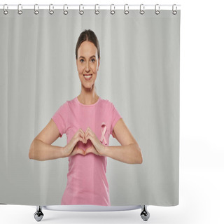 Personality  Happy Woman With Pink Ribbon, Grey Backdrop, Breast Cancer Awareness, Cancer Free, Heart Sign Shower Curtains