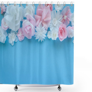Personality  Border To March 8 Women's Day, Valentine Day. Greeting Card With Paper Flowers On Blue Background. Cut From Paper. Shower Curtains