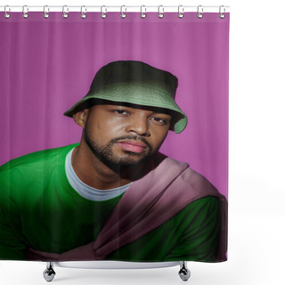 Personality  Handsome Trendy Man In Green Panama With Purple Shirt Tied On His Shoulders, Fashion Concept Shower Curtains