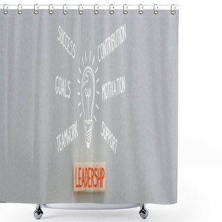Personality  Panoramic Shot Of Light Bulb Illustration Near Success, Goals, Teamwork, Contribution, Motivation, Support Inscription And Wooden Block With Leadership Word On Grey Background, Business Concept Shower Curtains