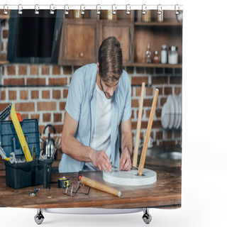 Personality  Casual Young Man Repairing Stool With Tools At Home Shower Curtains