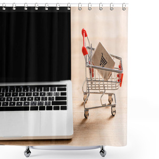 Personality  Toy Shopping Cart With Package Near Laptop With Blank Screen On Table  Shower Curtains