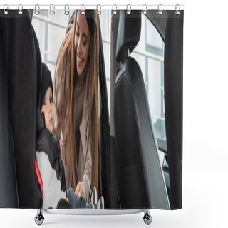 Personality  Happy Woman Near Toddle Son Sitting In Car In Baby Seat, Banner Shower Curtains
