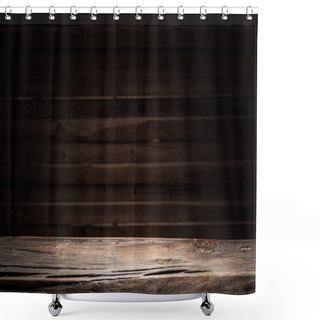 Personality  Old Wooden Tabletop And Wooden Wall At The Background.  Shower Curtains