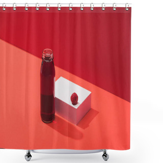 Personality  Fresh Berry Juice In Glass Bottle Near Ripe Raspberry On Cube On Red Background Shower Curtains