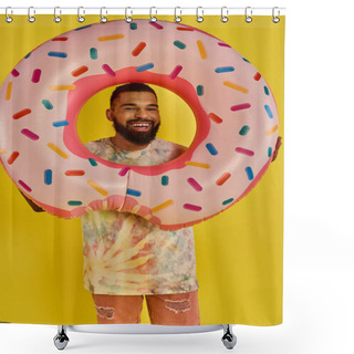Personality  A Man Playfully Hides His Face Behind A Massive Donut, Showcasing His Whimsical And Humorous Side While Enjoying A Tasty Treat. Shower Curtains