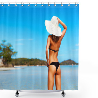 Personality  Young Tanned Woman In Black Bikini Shower Curtains