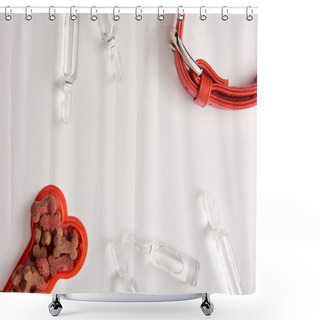 Personality  Flat Lay With Dog Collar, Ampoules With Medical Liquid And Plastic Bone With Dog Food On White Surface  Shower Curtains