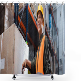 Personality  Happy Middle Aged Warehouse Worker In Safety Vest Transporting Pallet With Hand Truck, Banner Shower Curtains