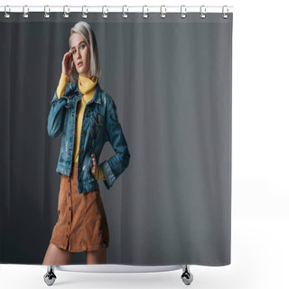 Personality  Woman Posing In Yellow Turtleneck, Trendy Corduroy Skirt And Jeans Jacket, Isolated On Grey Shower Curtains