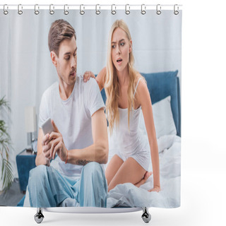 Personality  Angry Jealous Woman Looking At Boyfriend Using Smartphone On Bed, Mistrust Concept  Shower Curtains