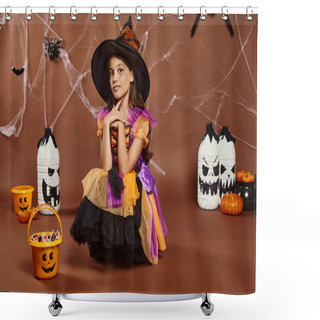 Personality  Girl In Witch Hat And Halloween Costume Looking At Camera Near Sweets In Bucket And Spooky Decor Shower Curtains